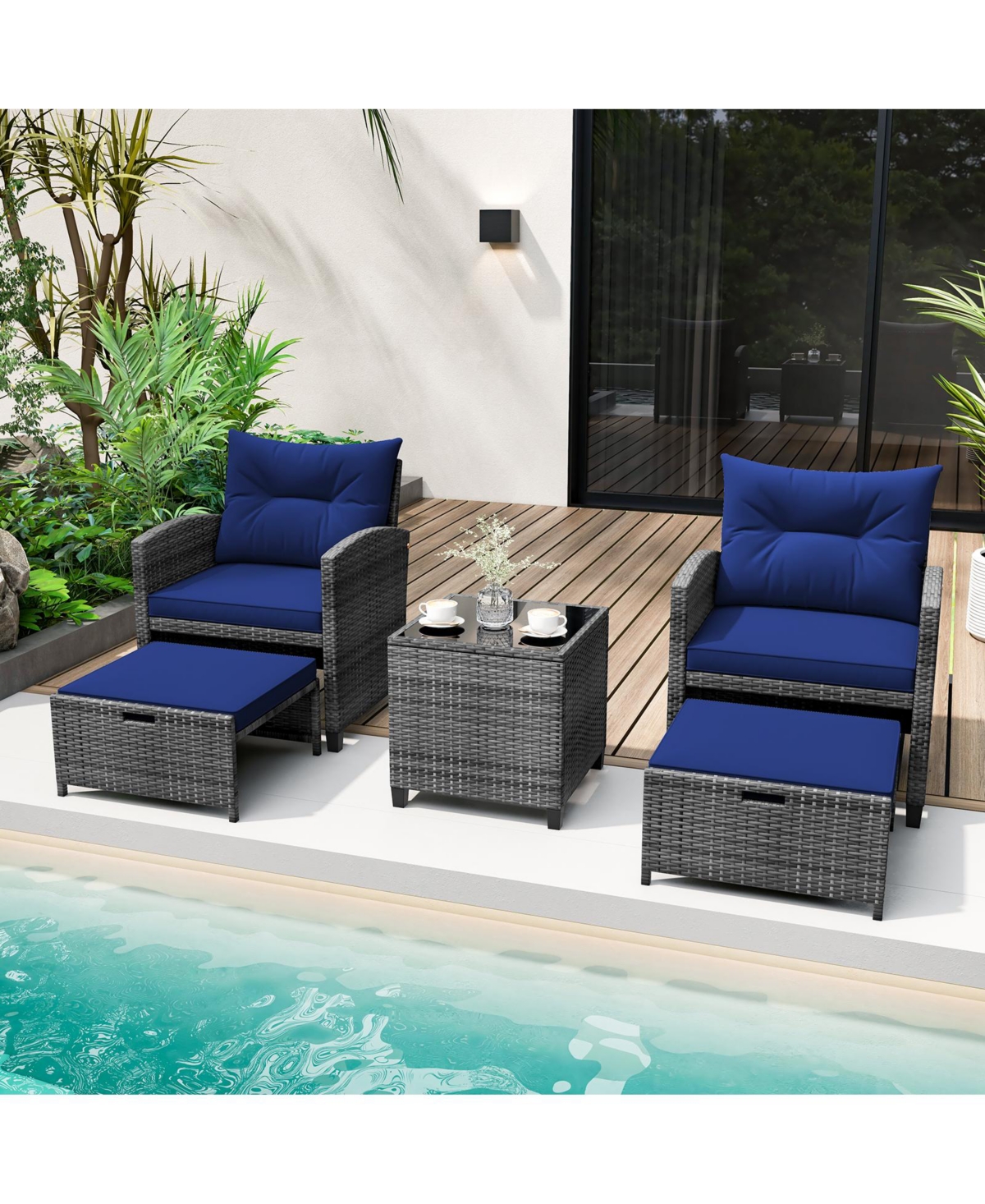 Gouun 5 Piece Patio Rattan Furniture with 2 Ottomans and Tempered Glass Table