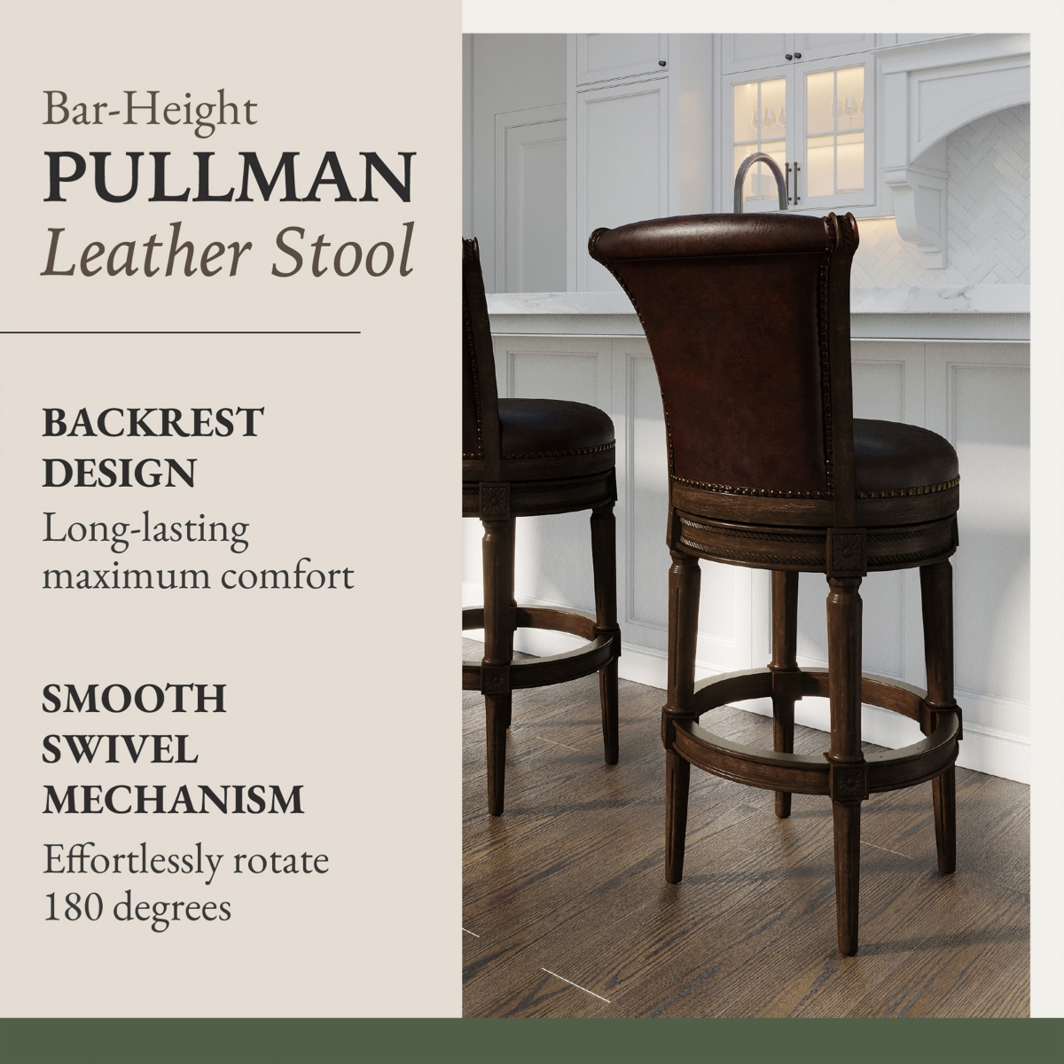 Maven Lane Pullman Wooden Swivel Stool, Dark Walnut w/ Leather, Set of 4