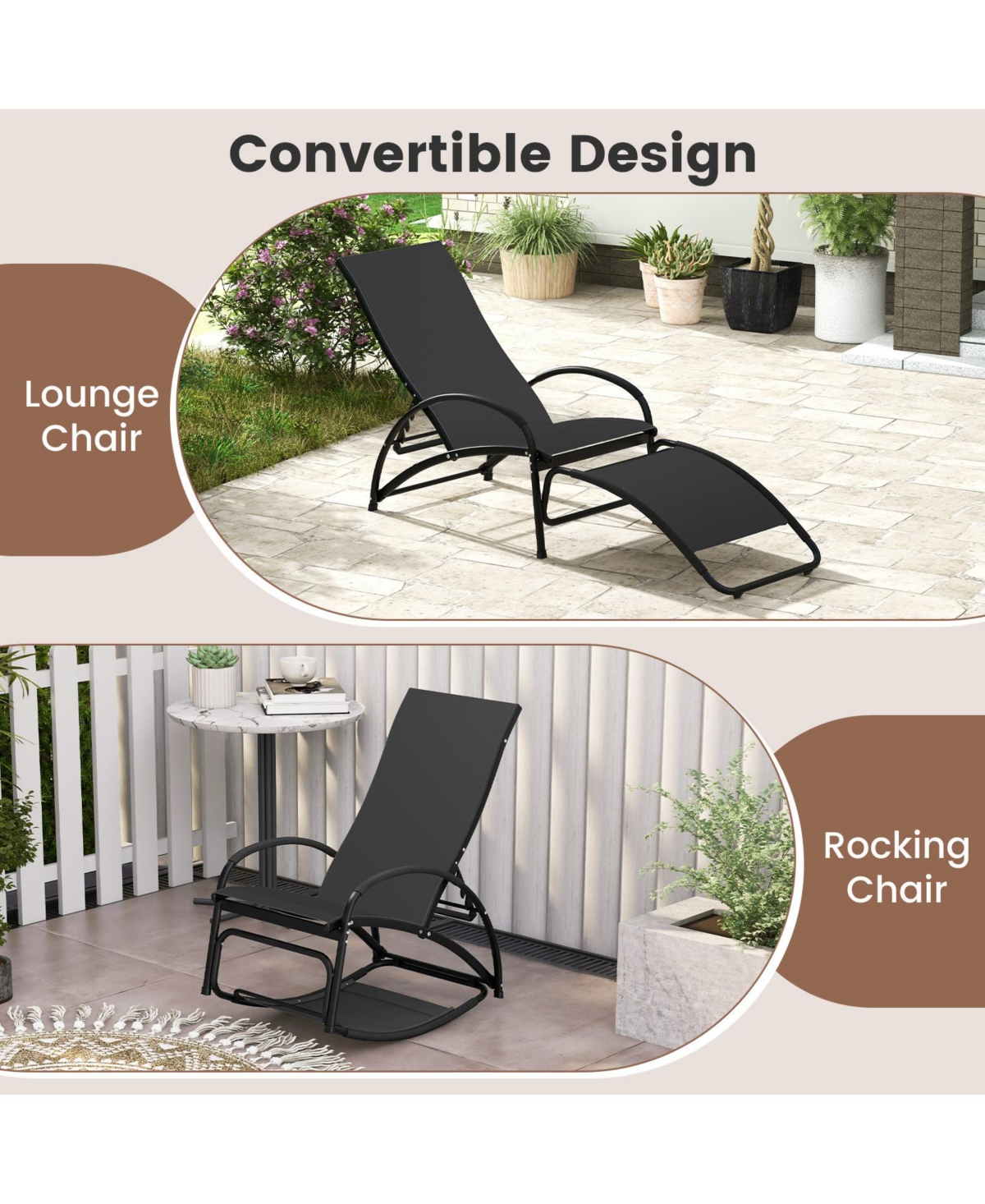 Gouun 2-in-1 Outdoor Rocking Chair with 4-Position Adjustable Backrest for Patio Porch Poolside
