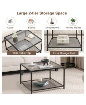 Modern 2-Tier Square Glass Table with Mesh Shelf