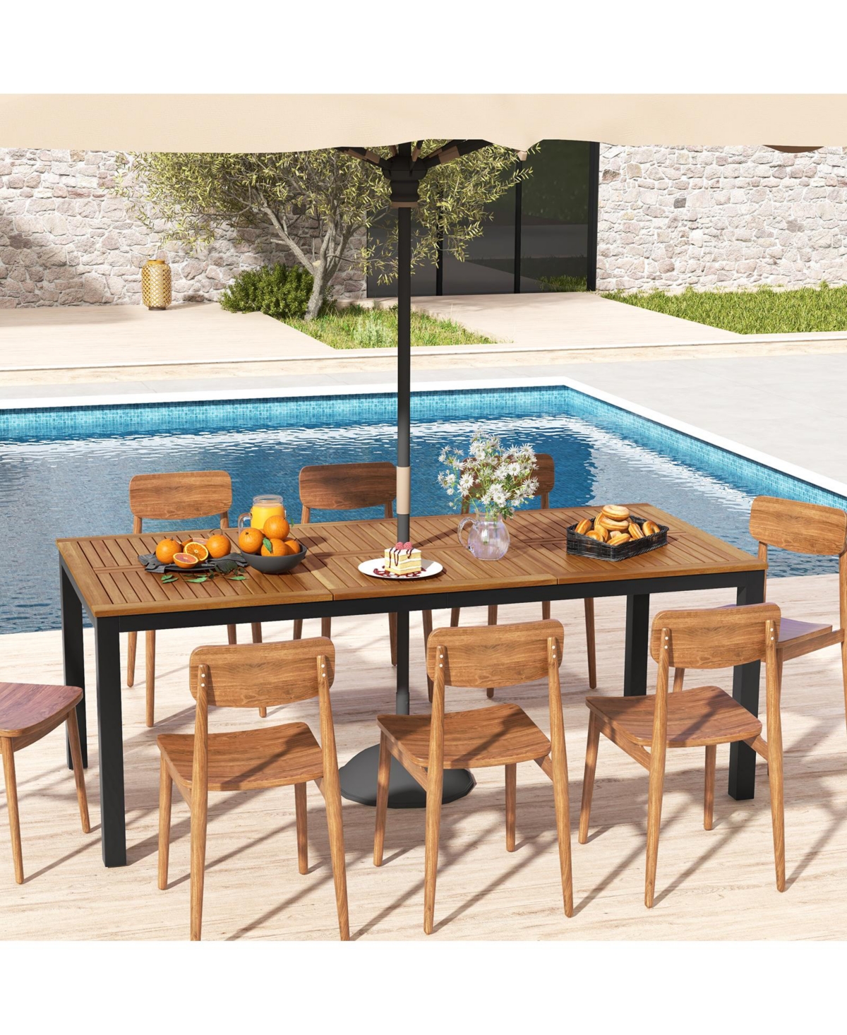 Gouun 8-Person Outdoor Dining Table 79 Inch Acacia Wood Patio Table with Umbrella Hole