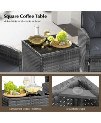 5 Piece Patio Rattan Furniture with 2 Ottomans and Tempered Glass Table