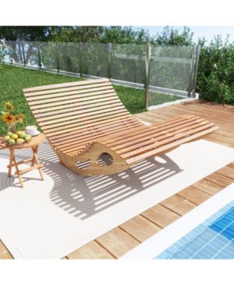 Slatted Acacia 2-Seat Patio Dual Rocker Sunbed Wood Lounger with Ergonomic Curved Seat