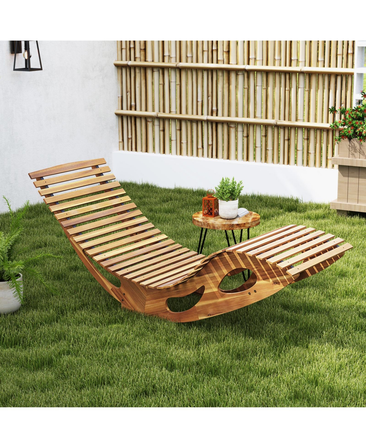Gouun Acacia Wood Patio Rocking Sun Lounger Chaise Lounge with Ergonomic Curved Seat