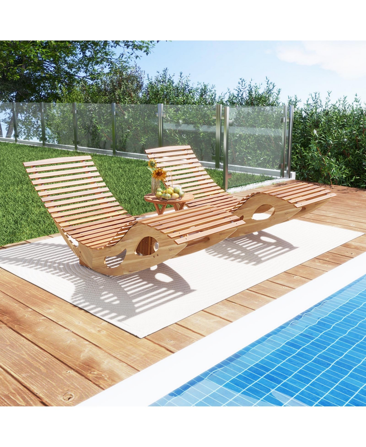 Gouun Acacia Wood Patio Rocking Sun Lounger Chaise Lounge with Ergonomic Curved Seat
