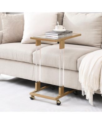 17.72"Golden Side Table, Acrylic Sofa Table, Glass Top C Shape Square Table with Metal Base for Living Room, Bedroom, Balcony Home and Office