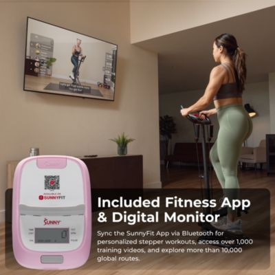 Pink Smart Stair Exercise Stepper w Handlebar & Resistance Band, Free SunnyFit App Via Bluetooth