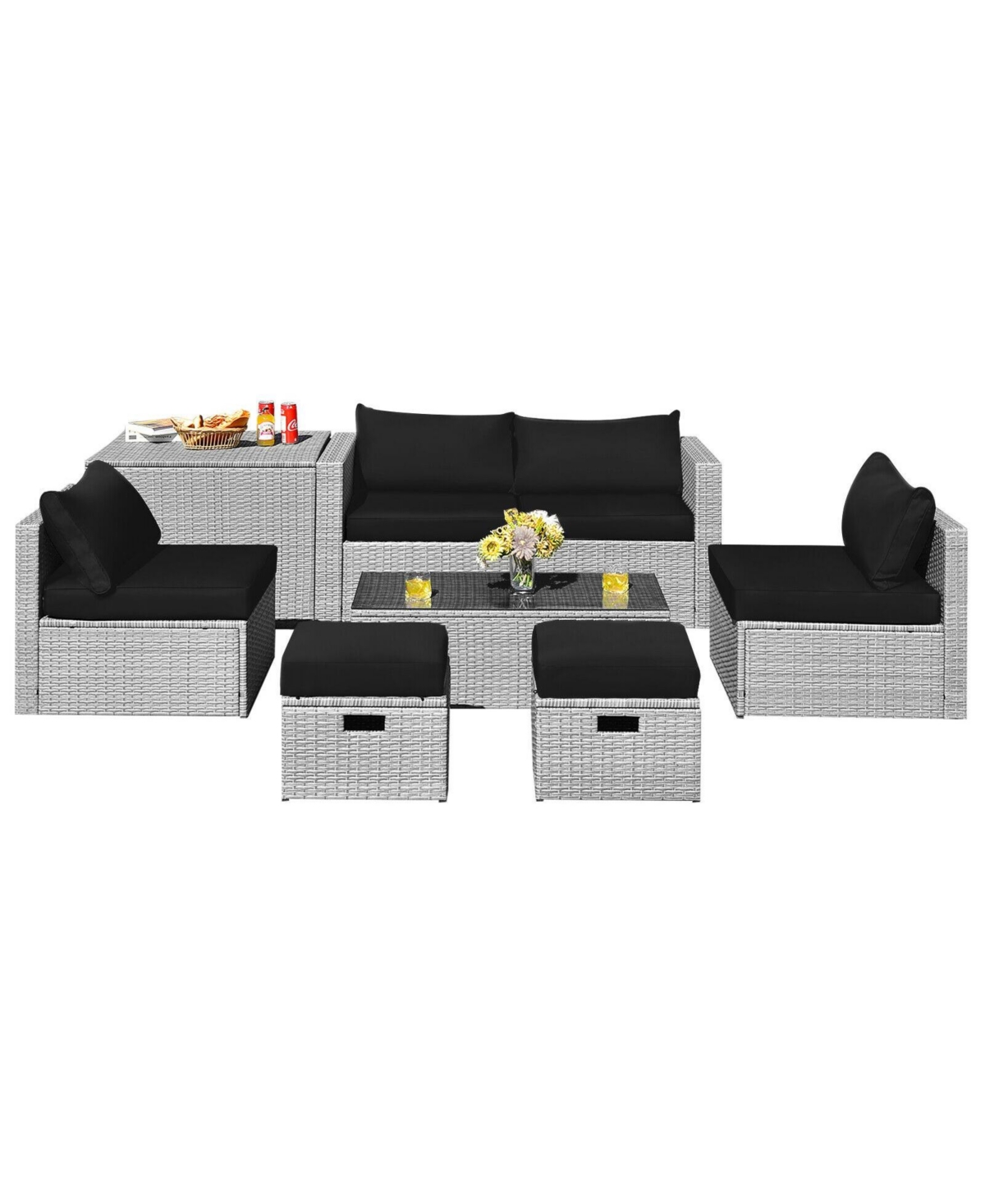 Gouun 8 Pieces Patio Rattan Furniture Set with Storage Waterproof Cover and Cushion - Black