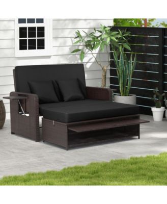 Patio Rattan Daybed with 4-Level Adjustable Backrest and Retractable Side Tray