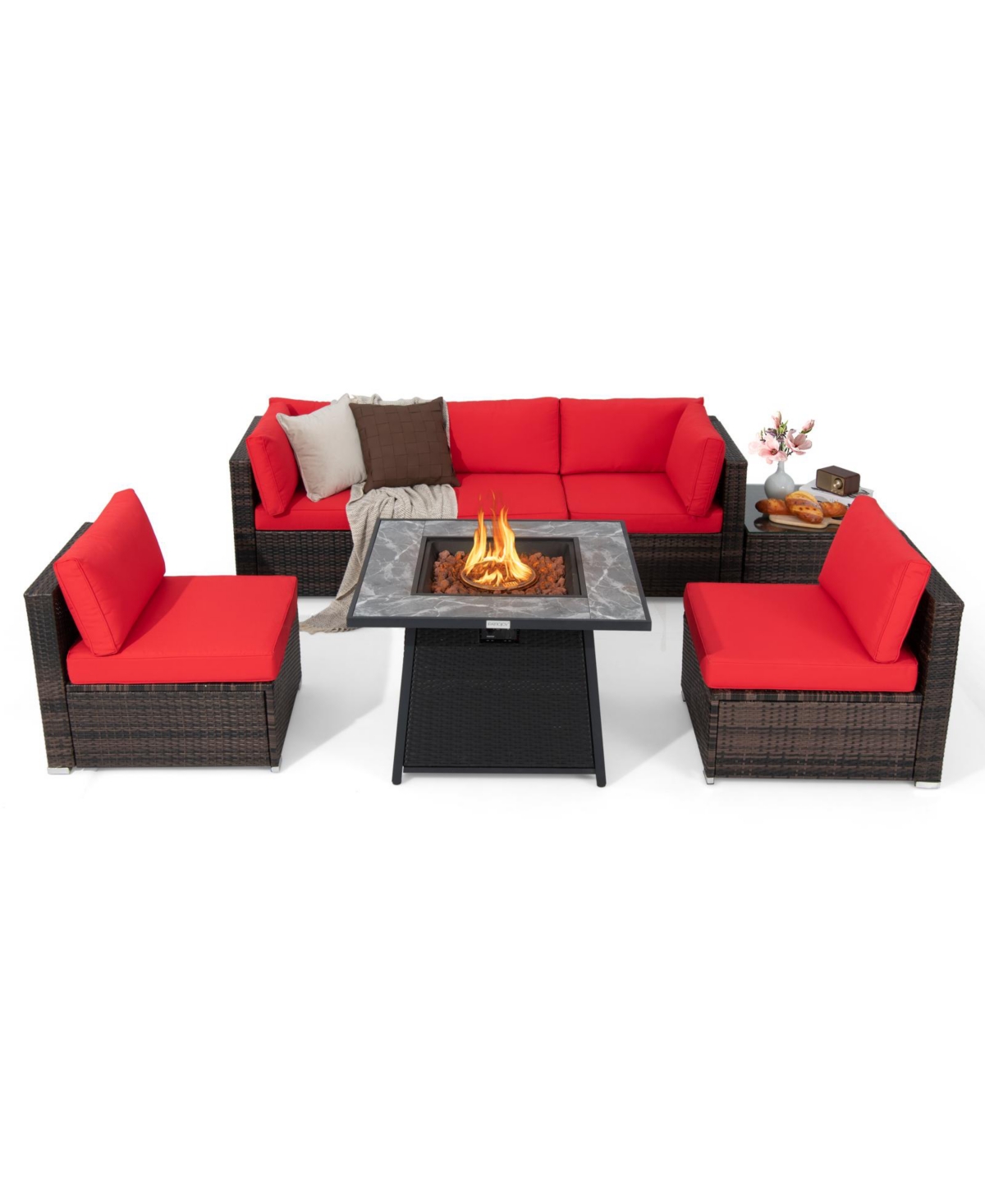 7 Pieces Patio Furniture Set with 35 Inches 50000 Btu Propane Gas Fire Pit Table and Waterproof Cover for Firpit