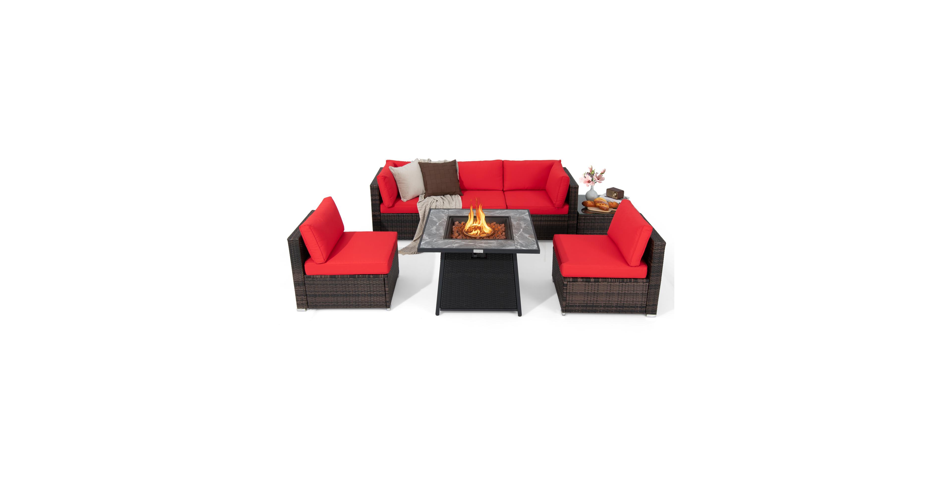 7 Pieces Patio Furniture Set with 35 Inches 50000 Btu Propane Gas Fire Pit Table and Waterproof Cover for Firpit