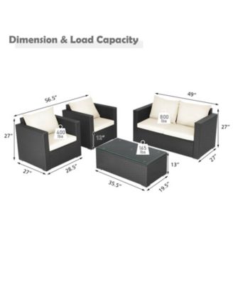 4 Pieces Patio Rattan Conversation Set with Padded Cushion and Tempered Glass Table