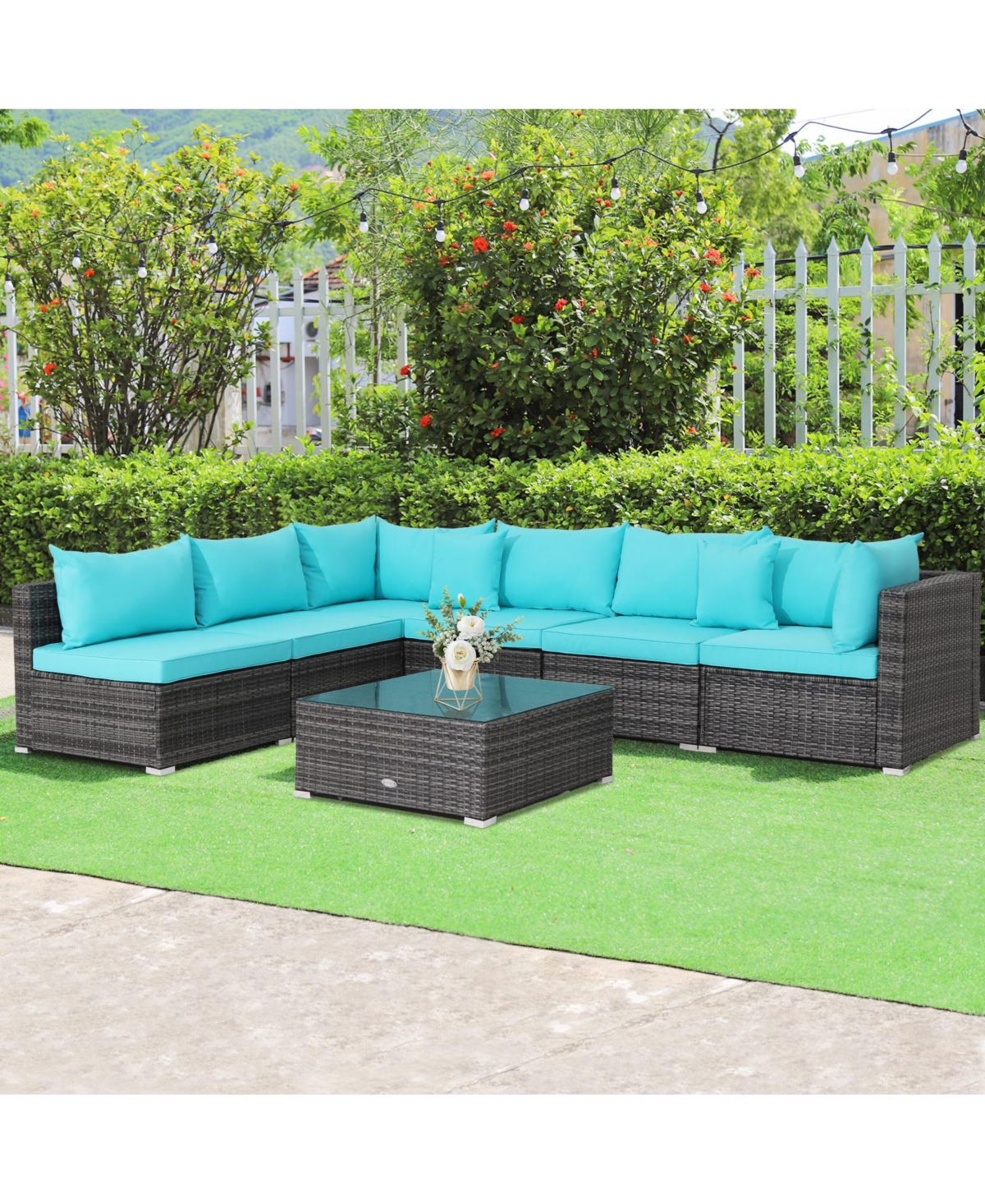 7 Pieces Patio Rattan Furniture Set with Sectional Sofa Cushioned