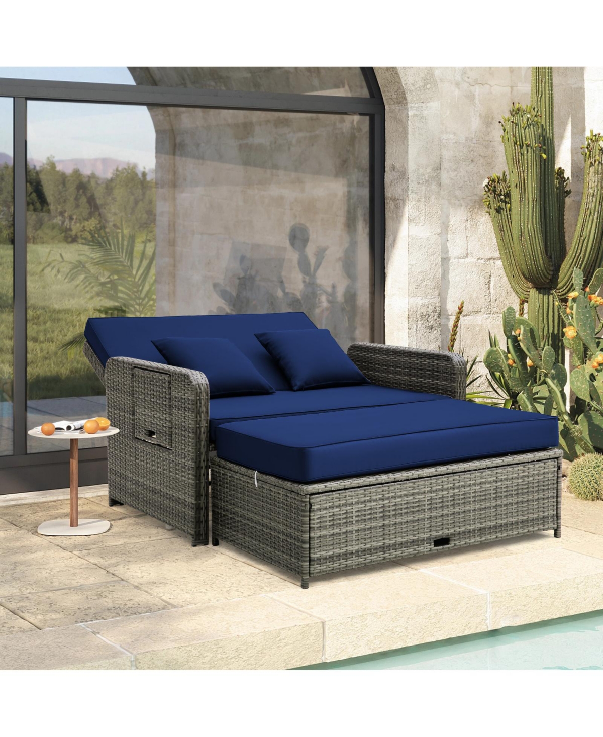 Patio Wicker Loveseat Sofa with Multipurpose Ottoman and Retractable Side Tray