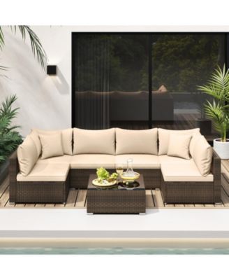 7 Pieces Patio Rattan Furniture Set with Sectional Sofa Cushions
