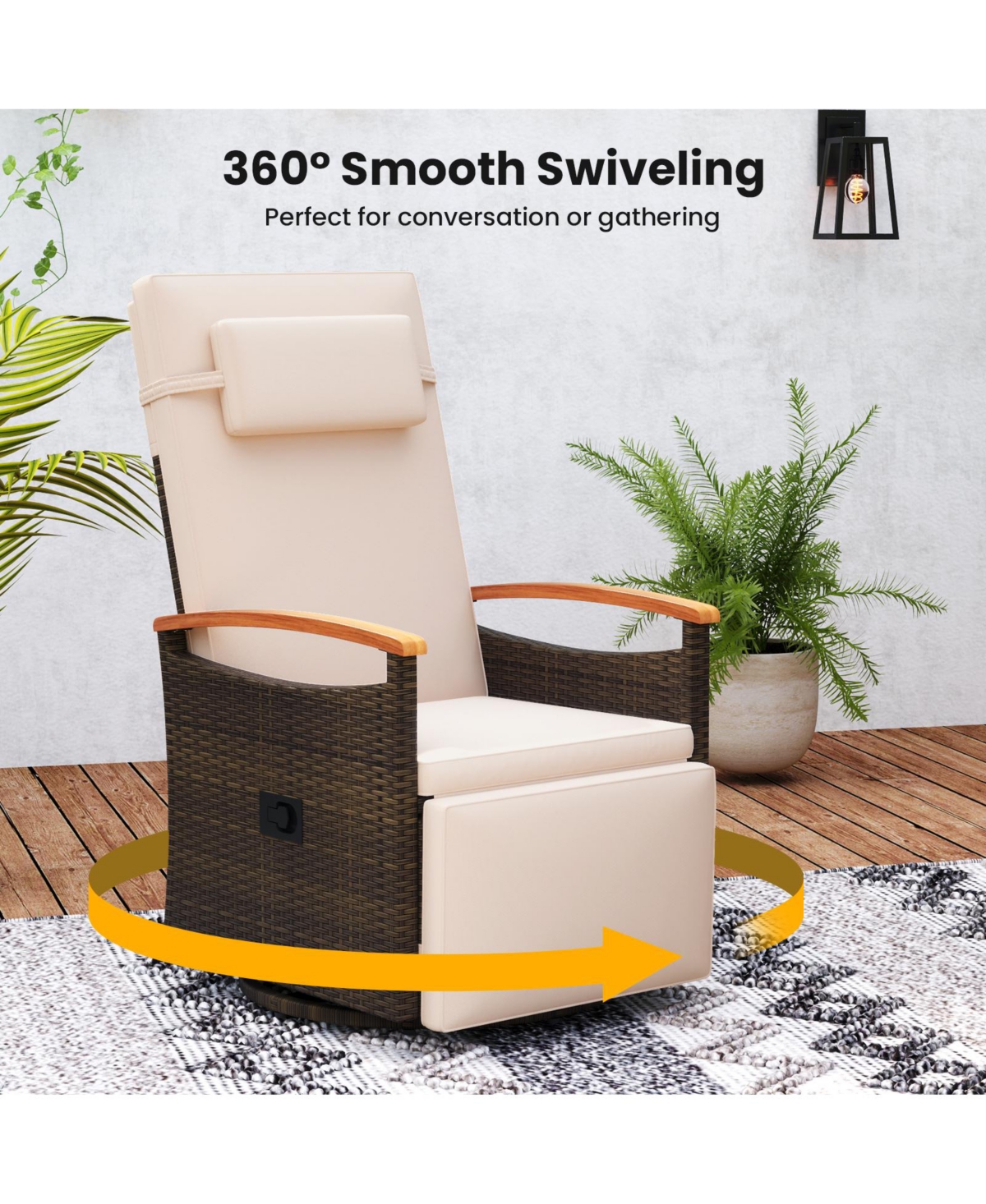Gouun Patio Rattan 360 Swivel Recliner Chair with Adjustable Backrest and Footrest