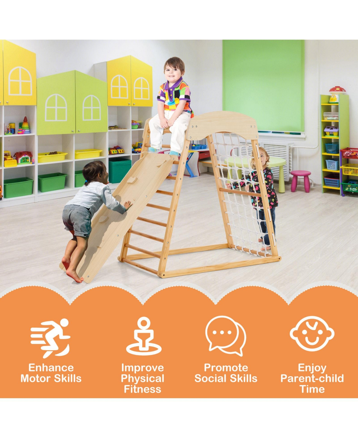 Gouun 6-in-1 Jungle Gym Wooden Indoor Playground with Double-Sided Ramp and Monkey Bars