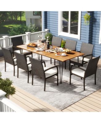 9 Pieces Outdoor Patio Dining Set with Soft Cushions and Acacia Wood Square Table