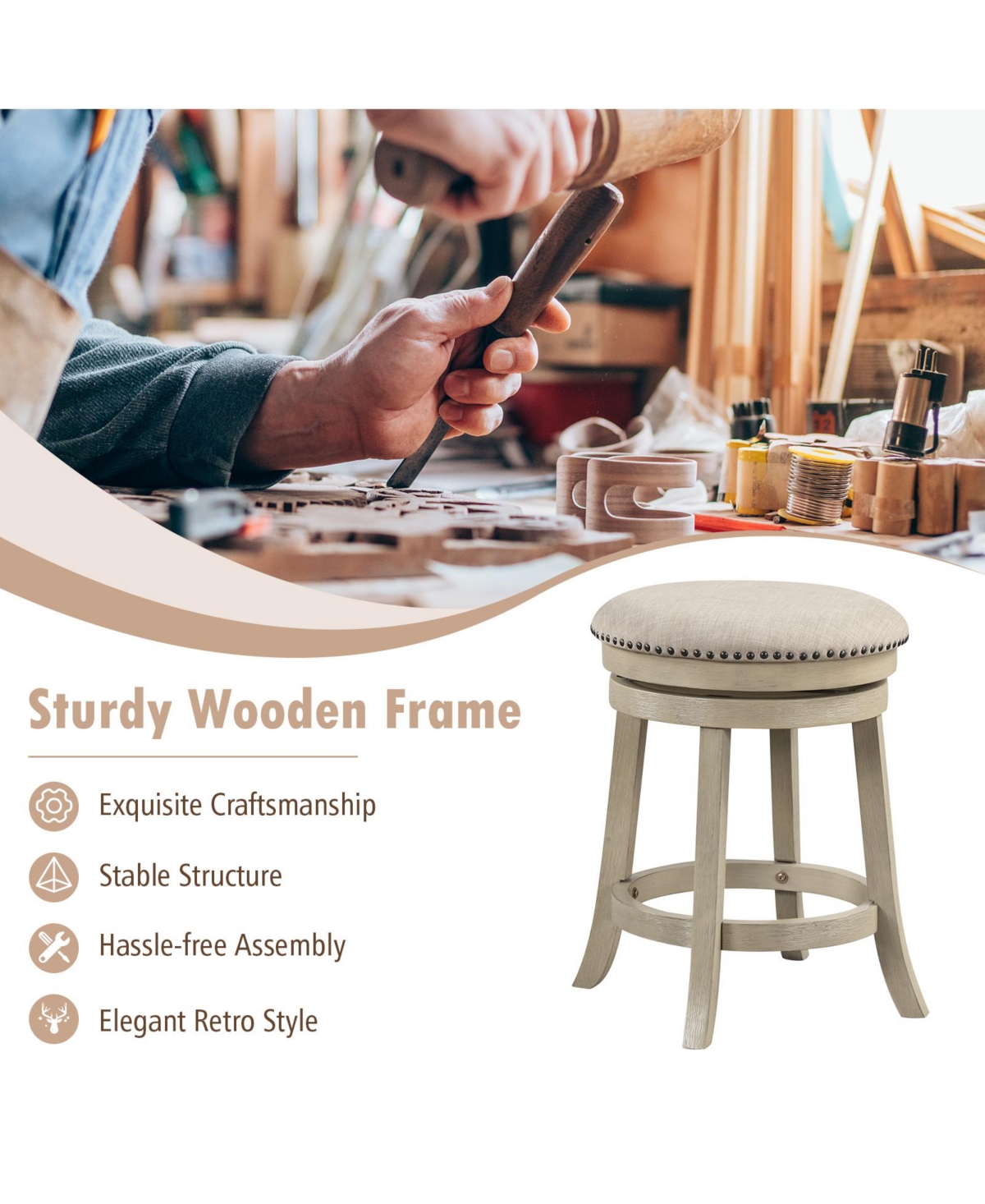 Gouun Inches Swivel Bar Stools Set of 2 wth Wooden Frame-24 inches -khaki