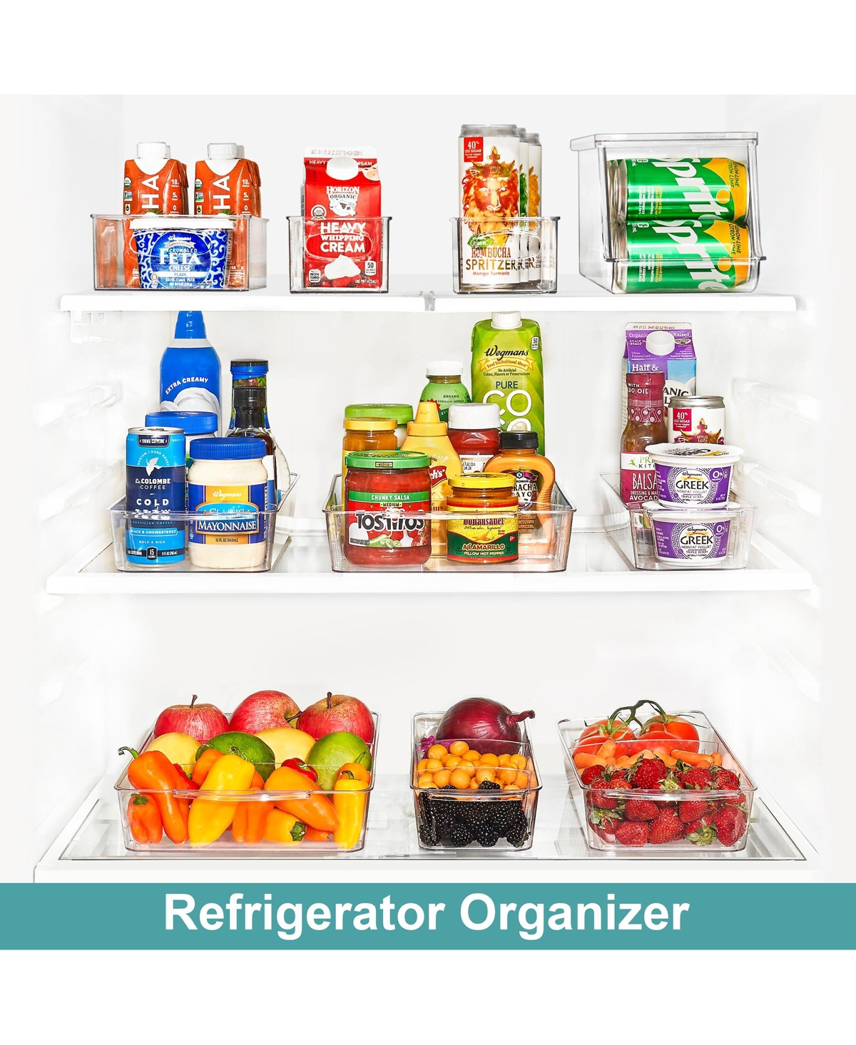 Sorbus 2 Pack Flat Clear Organizing Bins on Wheels with Dividers - for Kitchen, Cabinet Organizer, Pantry & Refrigerator