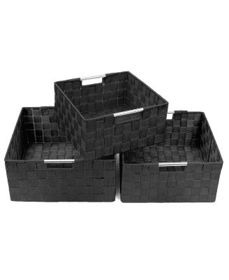 3 Piece Stackable Woven Basket Organizer Set with Built-In Carry Handles - Stylish Storage for any room in the household (Beige)