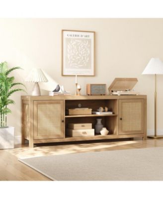 Boho TV Stand for 75 Inch, Rattan Entertainment Center with 2-Tier Storage, Wooden TV & Media Console Cabinet for Living Room Bedroom
