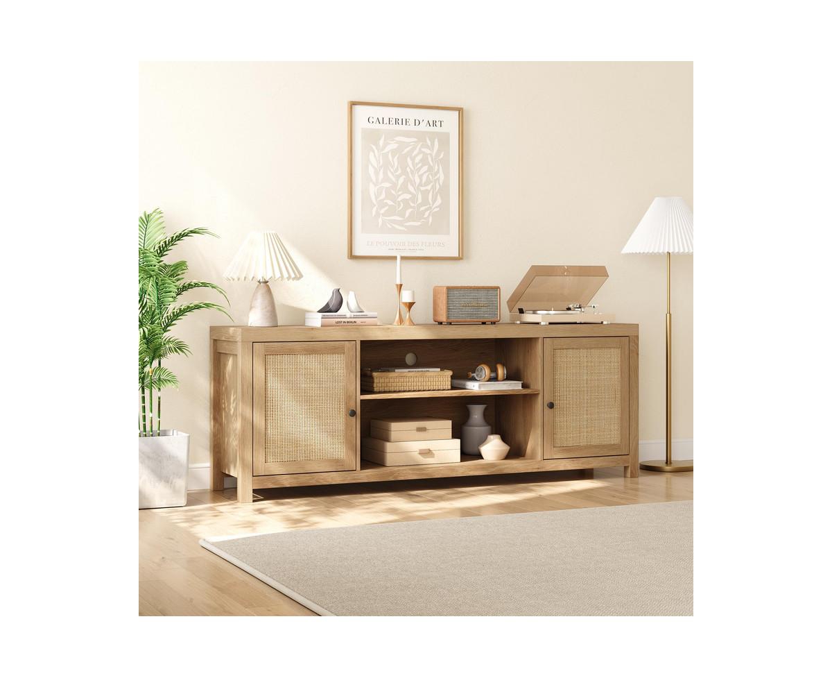 gaomon Boho Tv Stand for 75 Inch, Rattan Entertainment Center with 2-Tier Storage, Wooden Tv & Media Console Cabinet for Living Room Bedroom -k