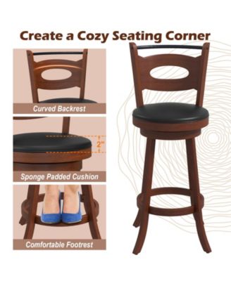 4PCS 360&deg;; Swivel Bar Stools Dining Chairs Solid Rubber Wood Leather Padded Brown & Black