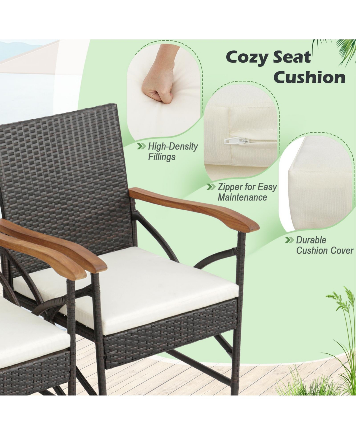 Gymax Set of 2 Pe Wicker Dining Chairs w/ Soft Zippered Cushions Armchairs Patio - Mix brown+off white