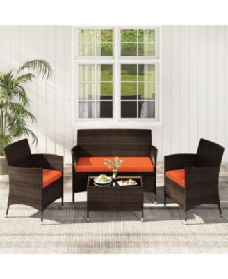 4 Pieces Comfortable Outdoor Rattan Sofa Set with Glass Table
