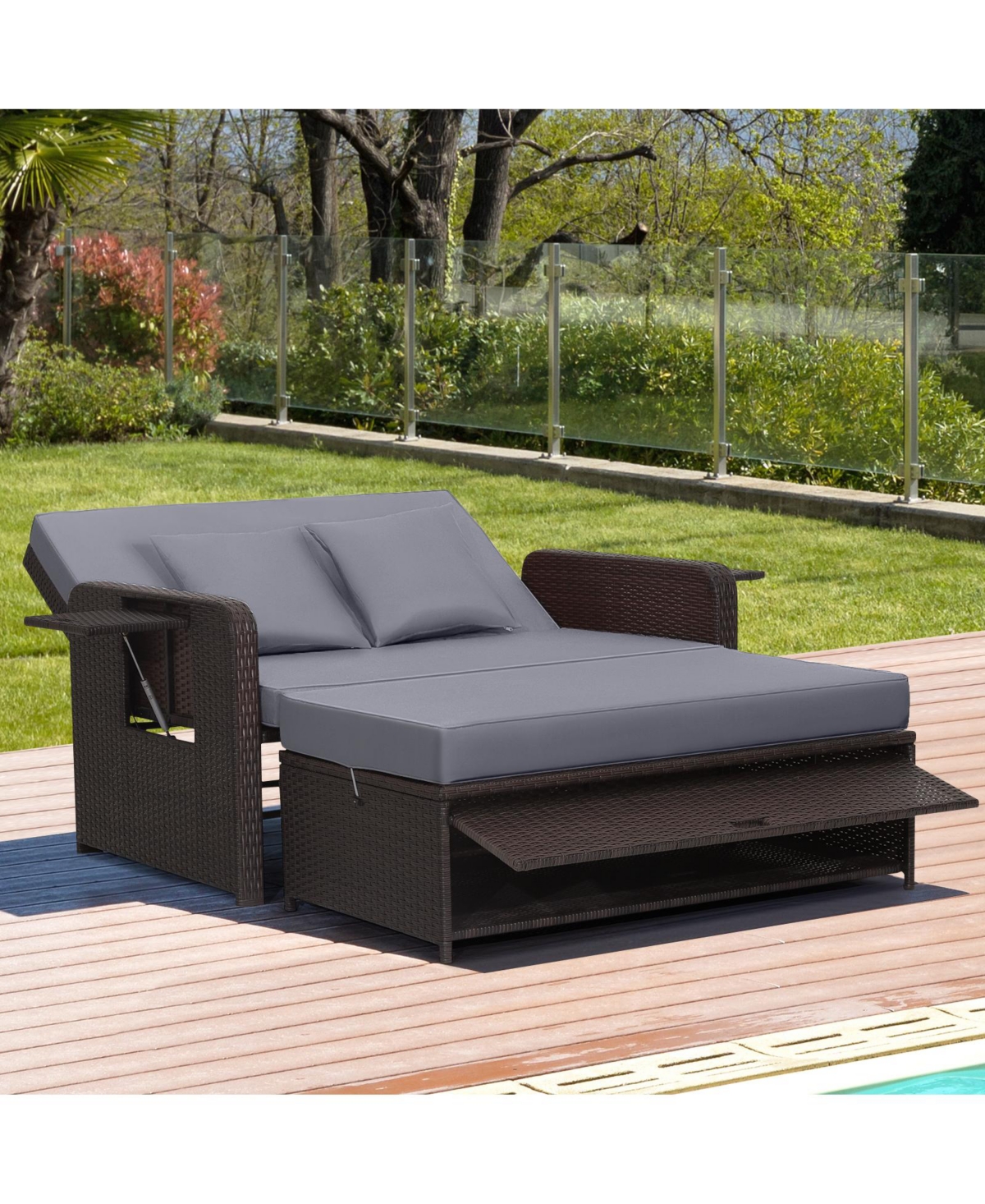 Gouun Patio Rattan Daybed with 4-Level Adjustable Backrest and Retractable Side Tray