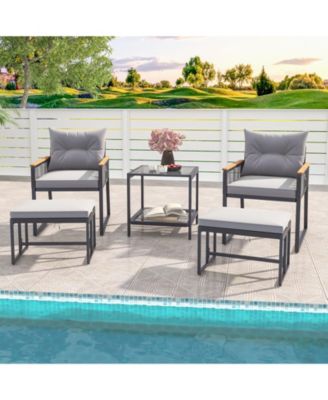 5-Piece Outdoor Rattan Conversation Set with Cushions, Ottomans, and 2-Tier Side Table