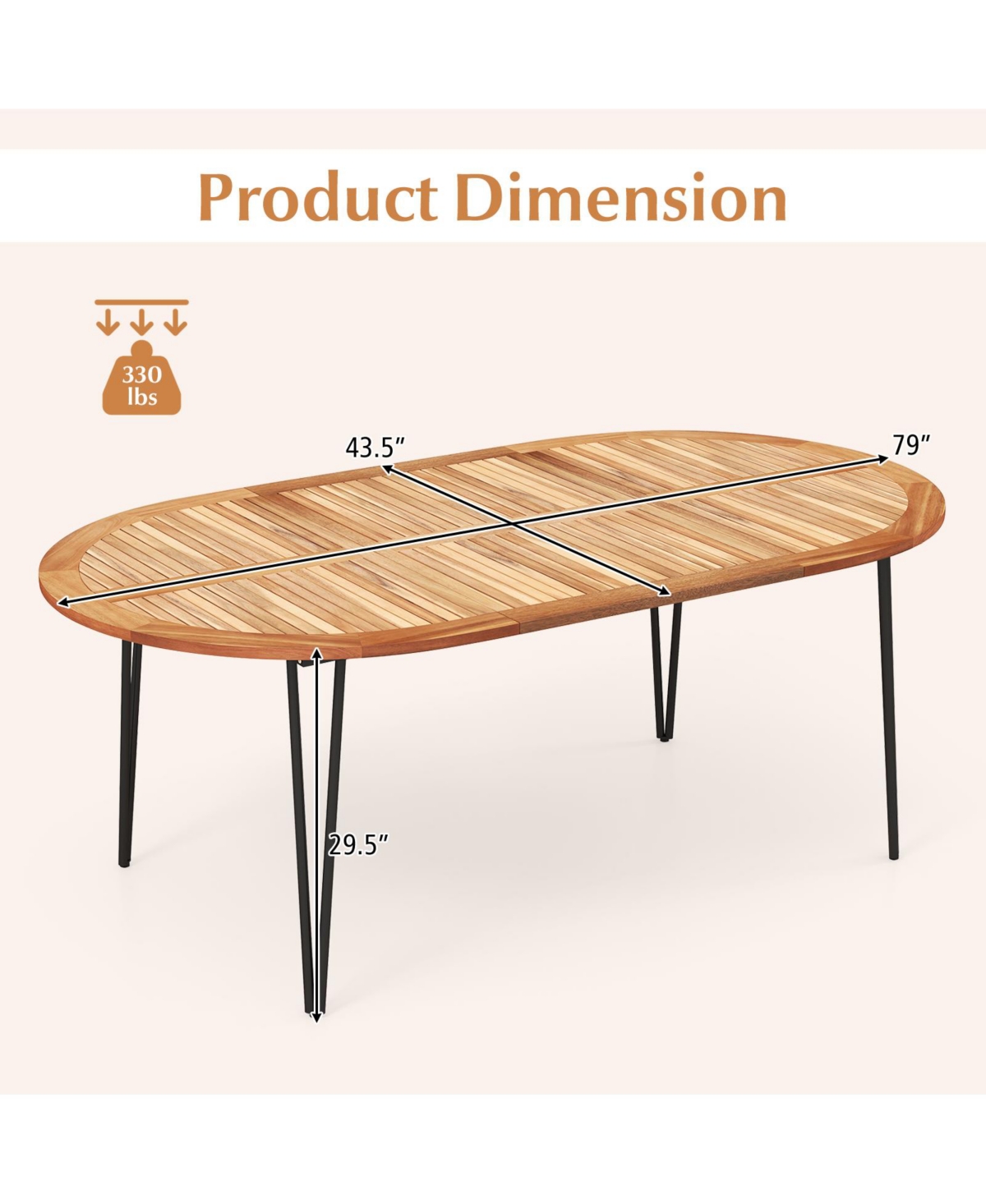 Gouun Oval Patio Dining Table with Umbrella Hole and Acacia Wood Tabletop for 8 People