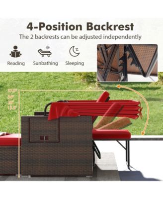 Outdoor Patio Rattan Daybed with Retractable Canopy and Adjustable Backrests