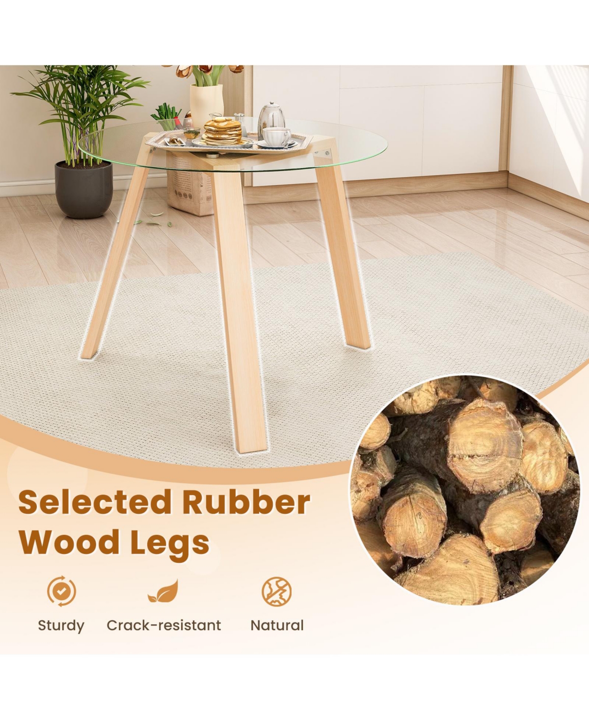Gouun Inches Round Glass Dining Table for 4 with Rubber Wood Frame