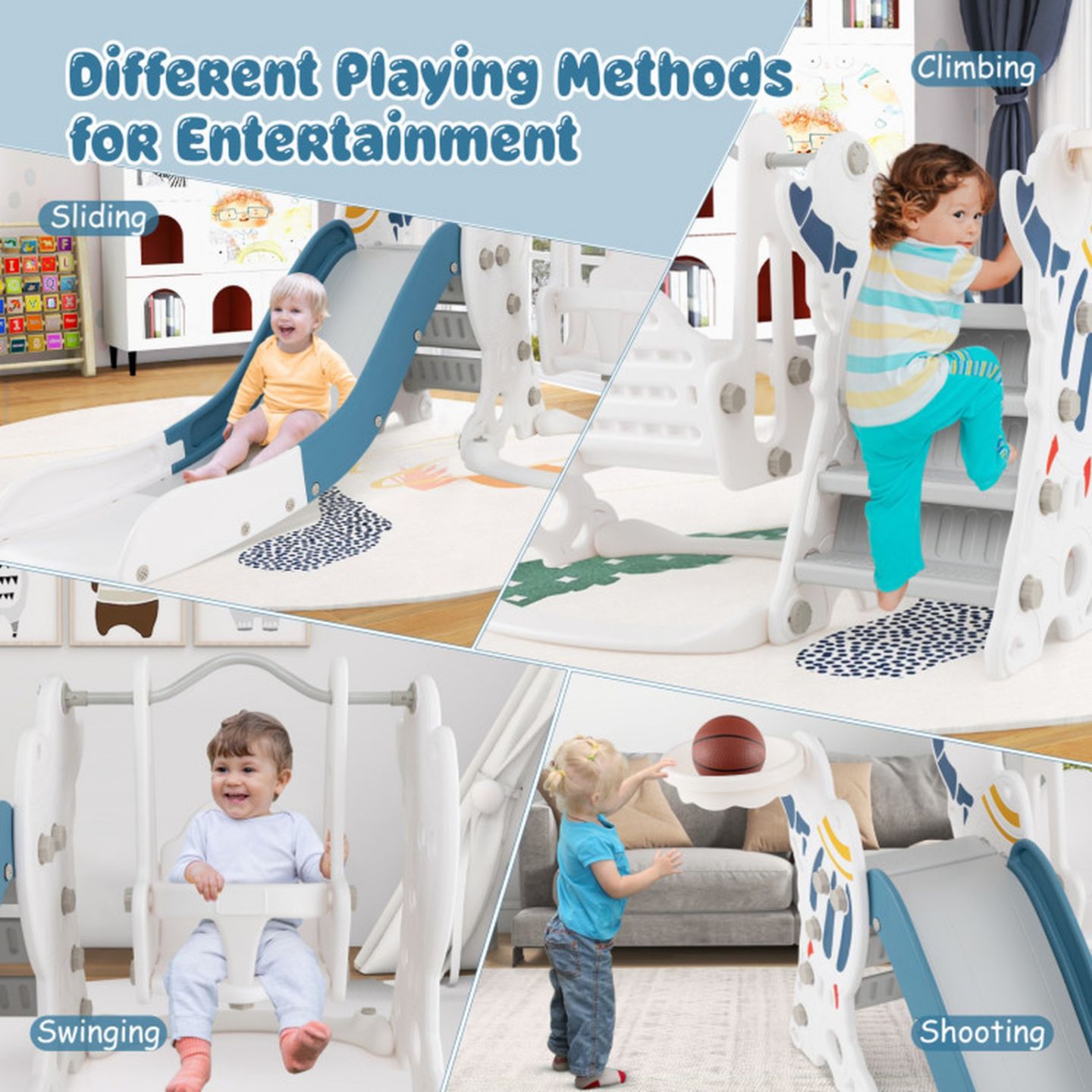 Детские игрушки GOUUN 4-in-1 Kids Slide Swing Set with Basketball Hoop, Ages 1+, цвет: Синий — фото 4