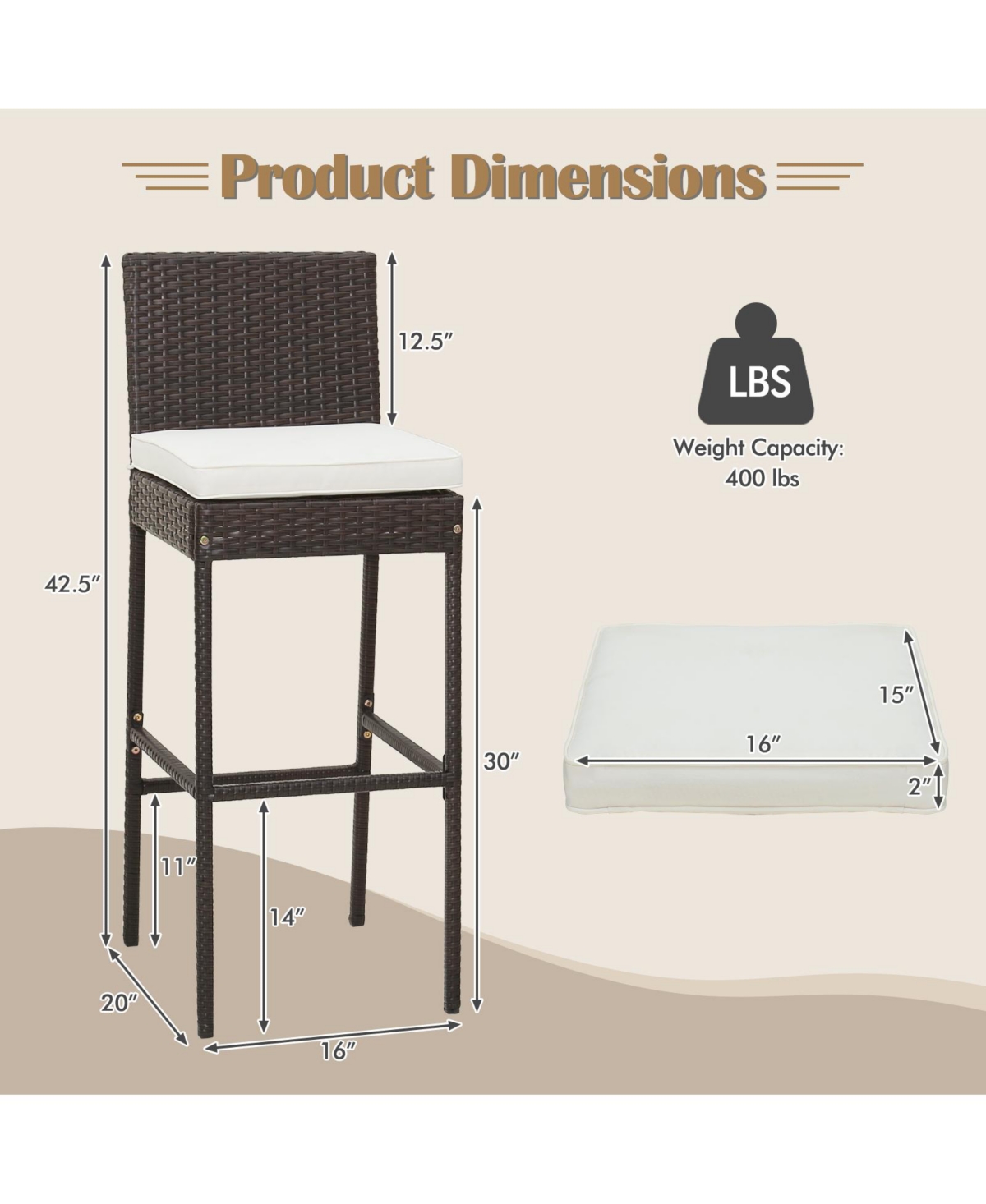 Gouun 4 Pieces Patio Wicker Barstools with Seat Cushion and Footrest-Set of 4