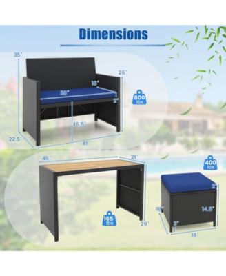 4 Piece Outdoor Dining Set with Wood Topped Dining Table Rattan Loveseat Chair and 2 Ottomans
