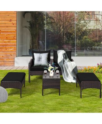 5 Pieces Patio Rattan Sofa Ottoman Furniture Set with Cushions