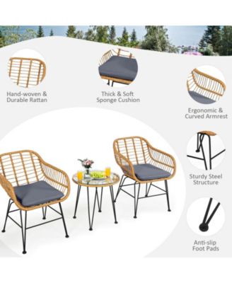 3 Pieces Rattan Furniture Set with Cushioned Chair Table
