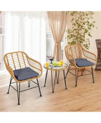 3 Pieces Rattan Furniture Set with Cushioned Chair Table