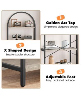 Bookshelf 5 Tier Bookcase Arched Display Racks Tall Standing Bookshelves Metal Frame Farmhouse Storage Rack Shelf Grey Book Shelf for Bedroom, Living Room, Home Office