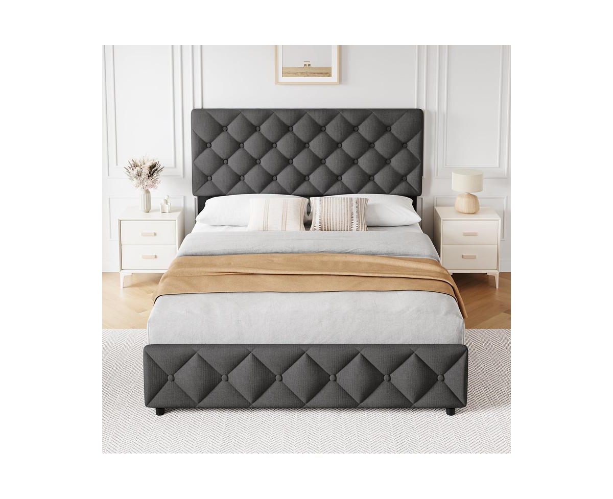 gaomon Size Bed Frame with 4 Storage Drawers, Linen Upholstered Platform Bed Frame with Adjustable Headboard, Diamond Stitched Button Tufted, No