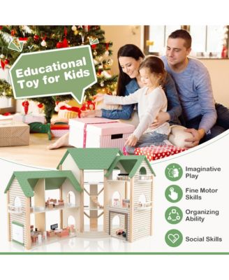 Wooden Corner Dollhouse Playset with 36 Pieces of Furniture and Accessories