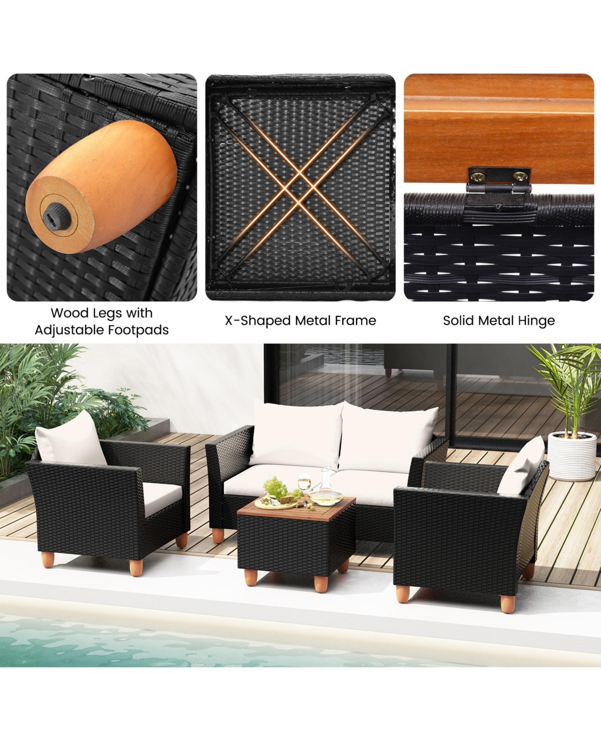 4 Pieces Outdoor Conversation Set with Storage Coffee Table