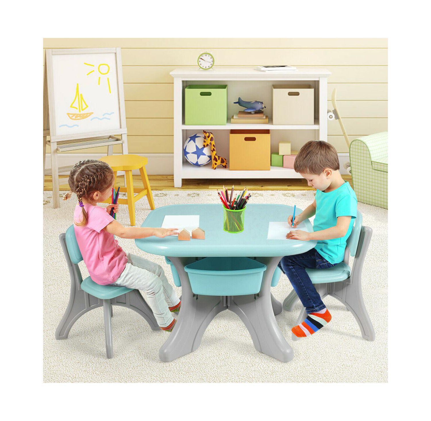 Kids In/Outdoor Plastic Storage Play Table & Chair Set, 3-Piece