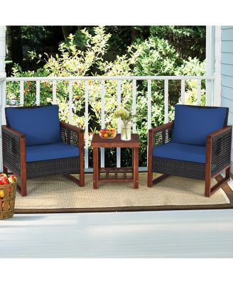 3 Pieces Patio Wicker Furniture Set with Acacia Wood Table and Washable Cushion
