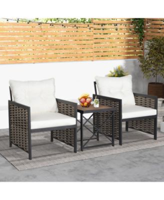 3 Pieces Patio Rattan Furniture Set with Acacia Wood Tabletop