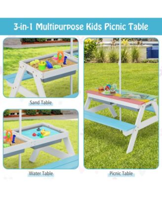 3-in-1 Kids Outdoor Picnic Water Sand Table with Umbrella Play Boxes