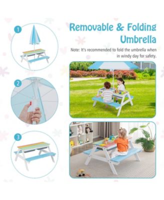 3-in-1 Kids Outdoor Picnic Water Sand Table with Umbrella Play Boxes